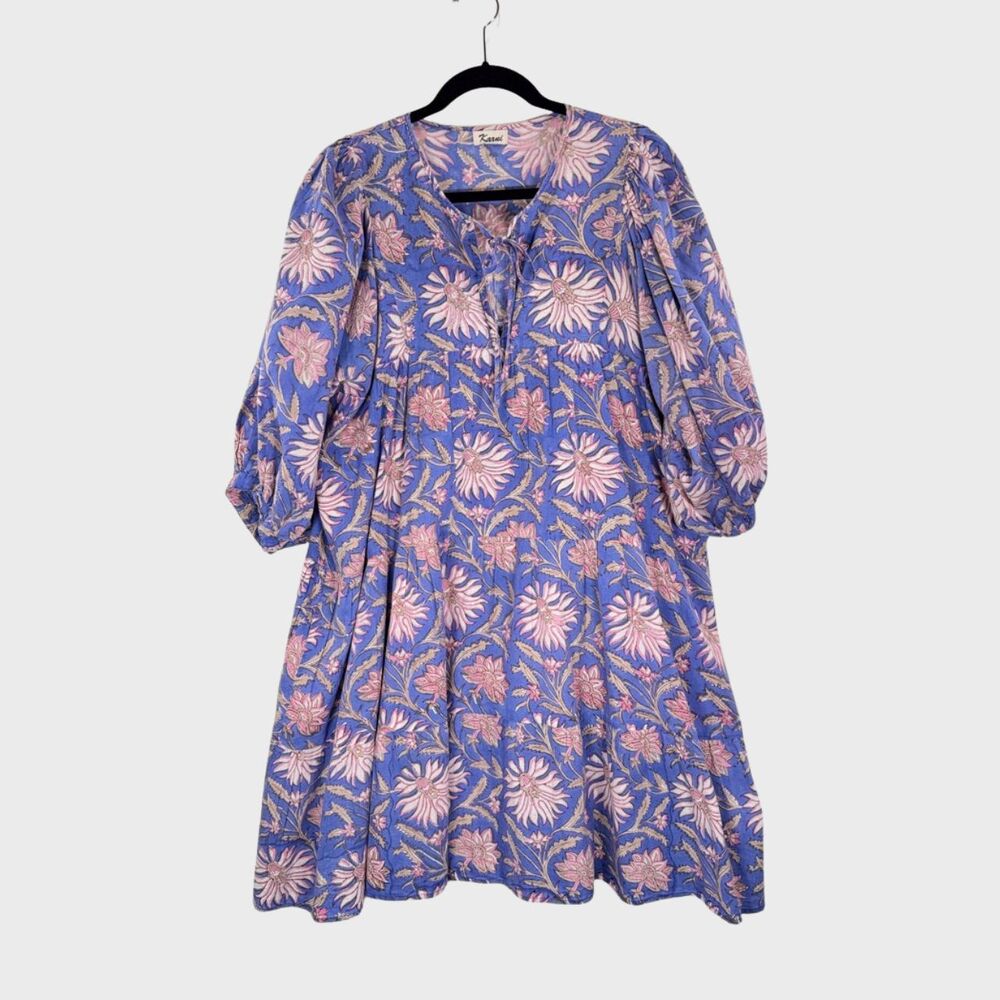Karni Womens Dress Purple Mini Floral V Neck Puffed A Line Babydoll Boho Large